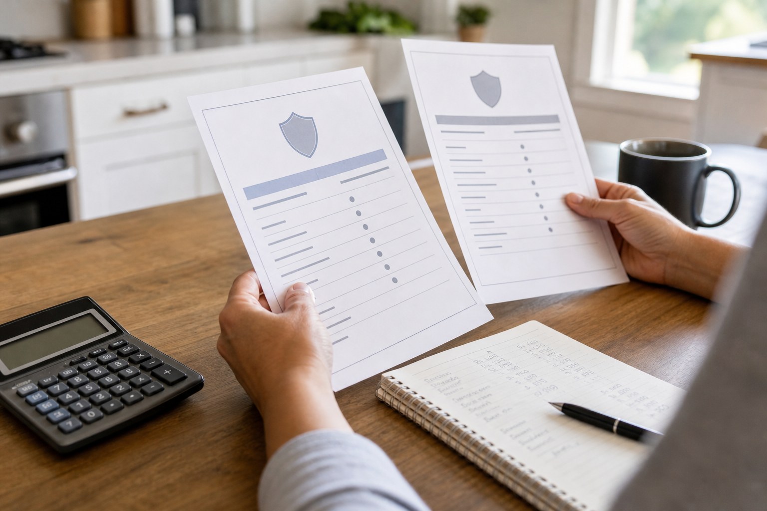 Hands comparing benefit papers and a household budget at a kitchen table