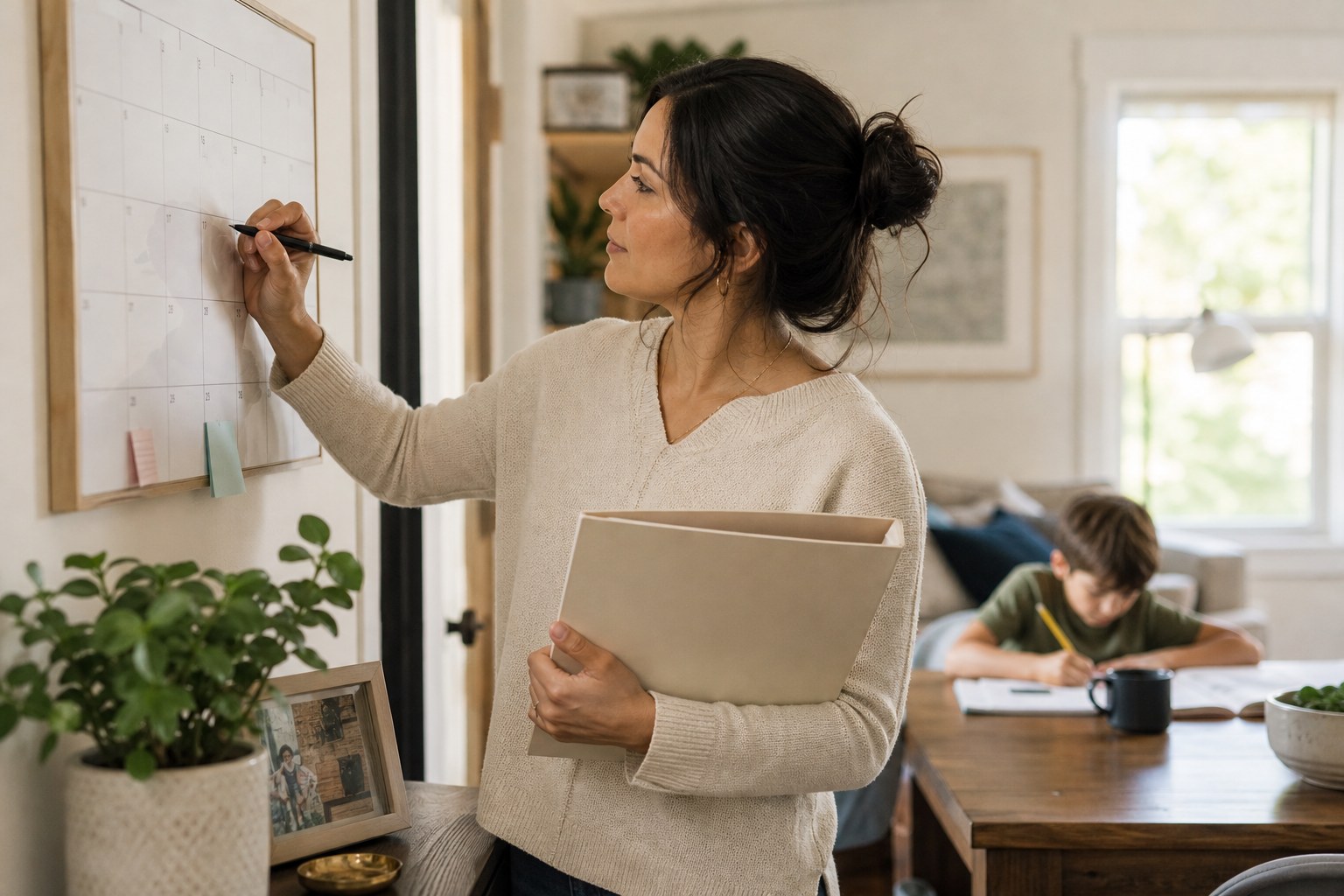 Working parent reviewing a benefits folder and planning a calendar reminder