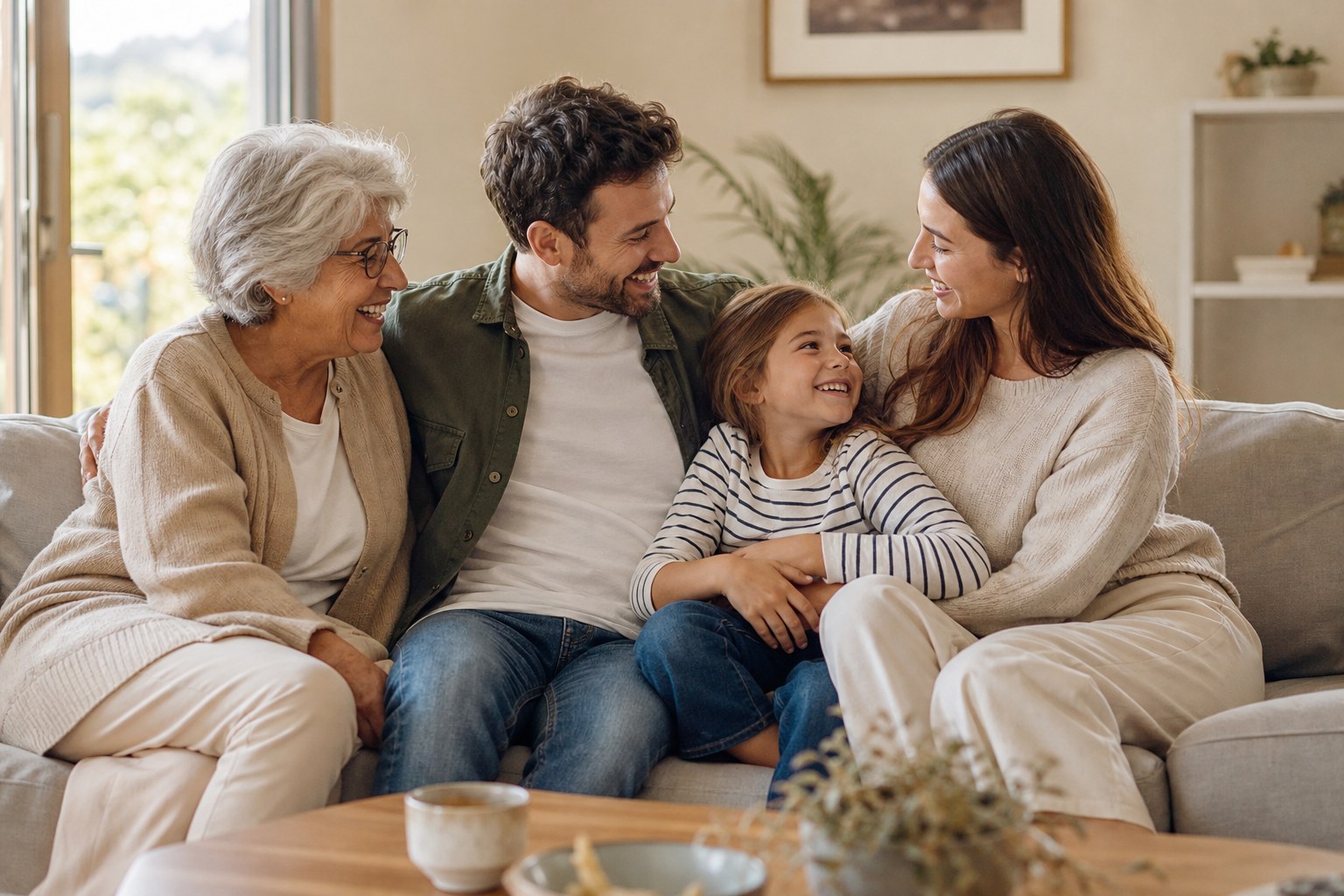 Multigenerational family spending time together in a bright living room