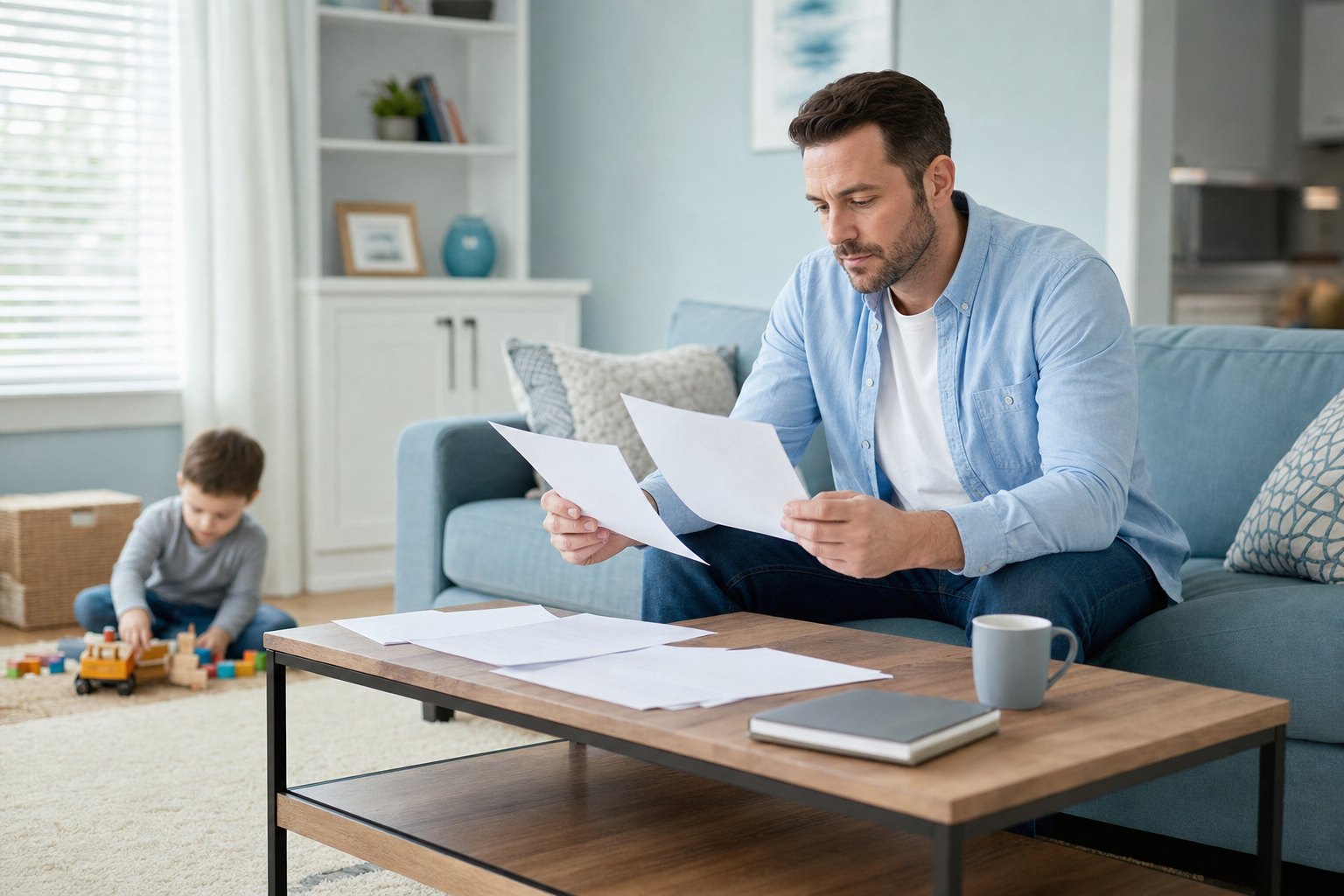 A parent comparing insurance papers while a young child plays nearby