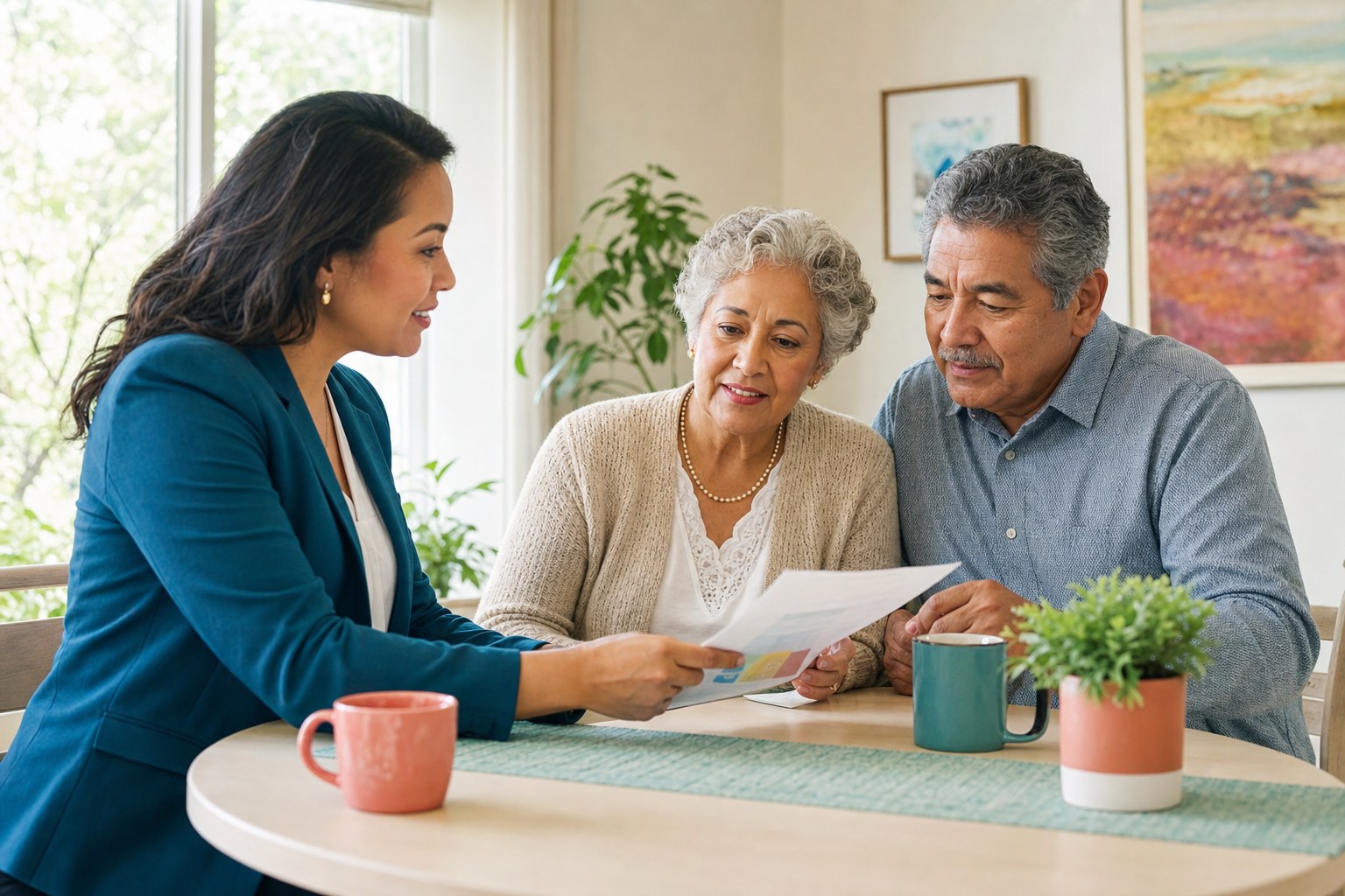 An advisor guiding an older couple through health coverage information