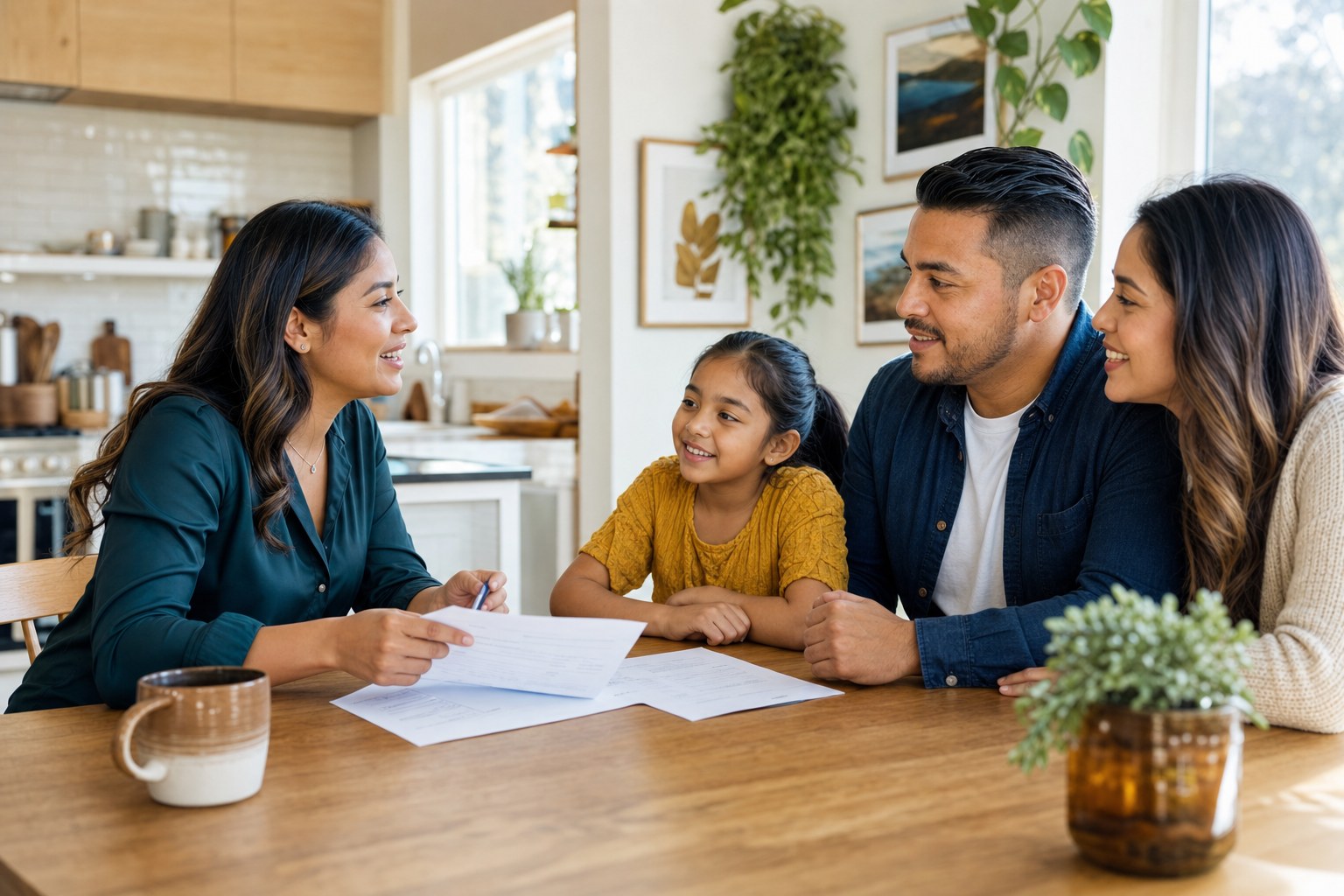 An insurance advisor talking with a family at their kitchen table