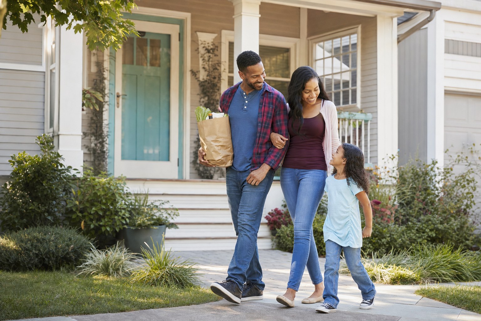 A family arriving home together