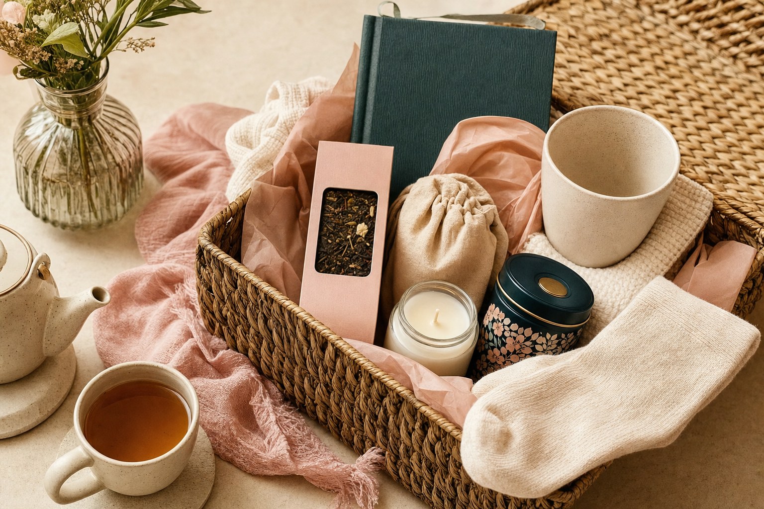 A handmade gift basket filled with tea, a journal, a candle, a mug, and cozy socks.