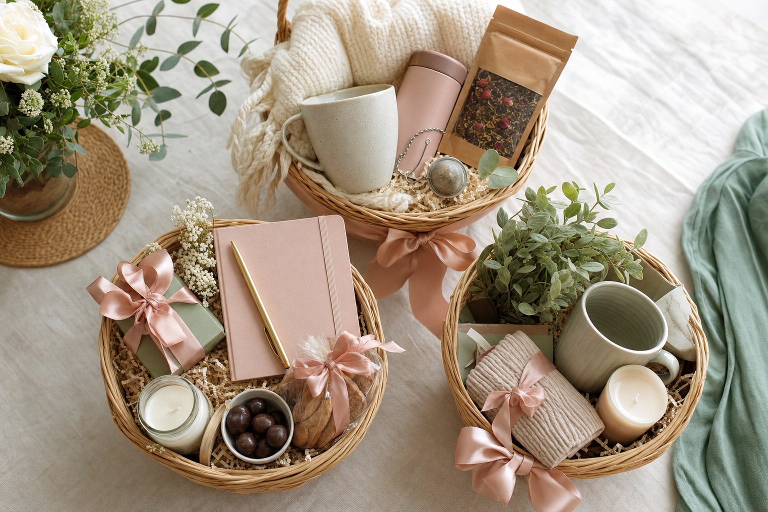 Three thoughtfully arranged gift baskets with mugs, blankets, candles, and ribbon.