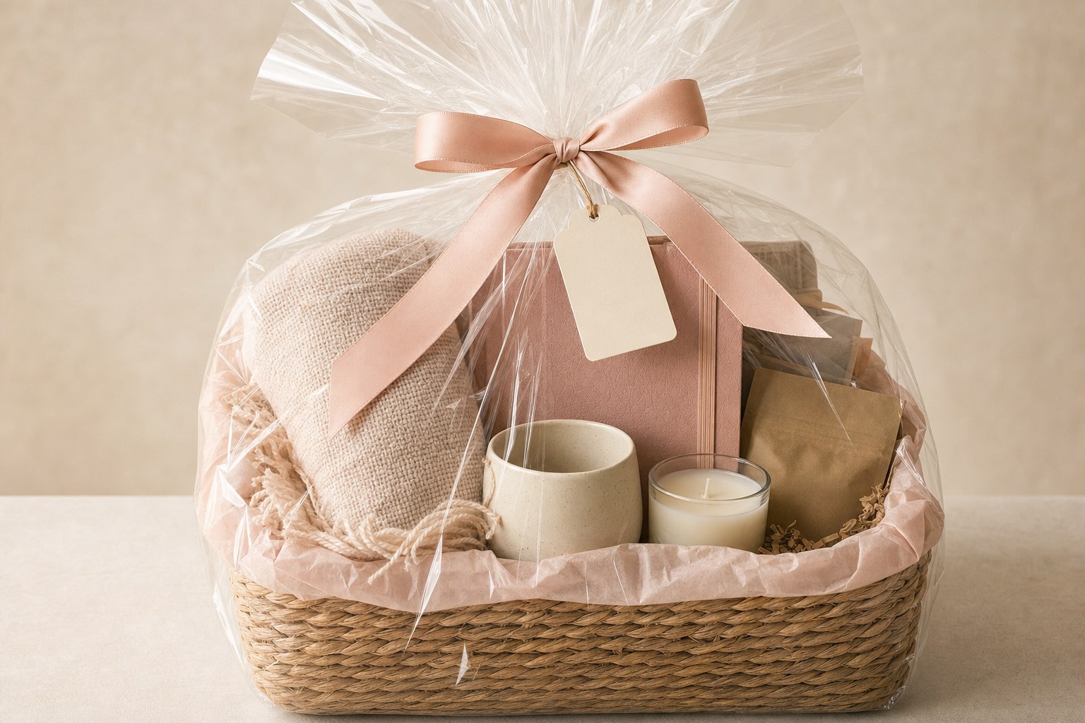 A finished gift basket wrapped with clear cellophane and blush ribbon.