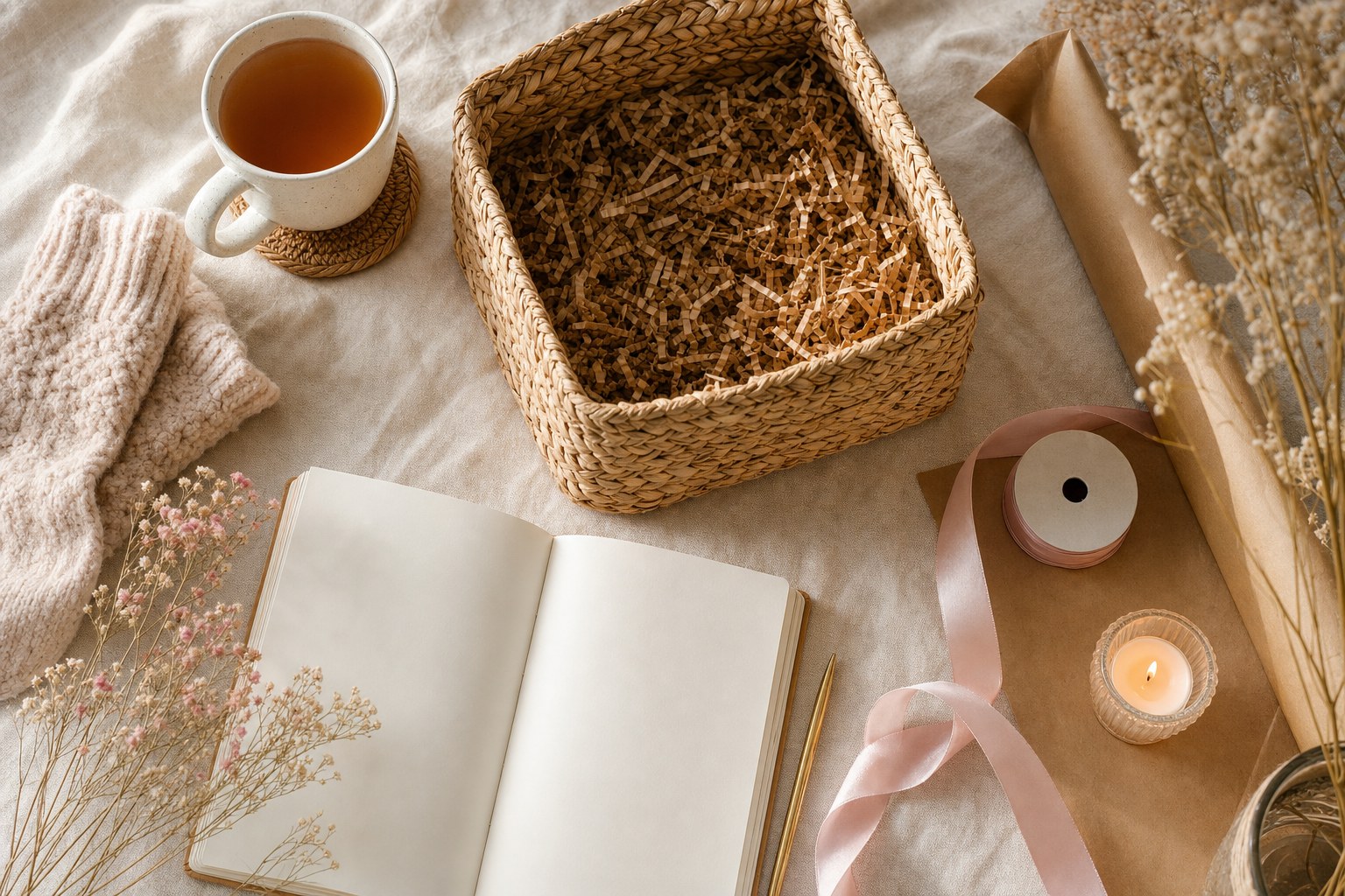 An empty woven basket with a notebook, tea, ribbon, and wrapping supplies arranged nearby.