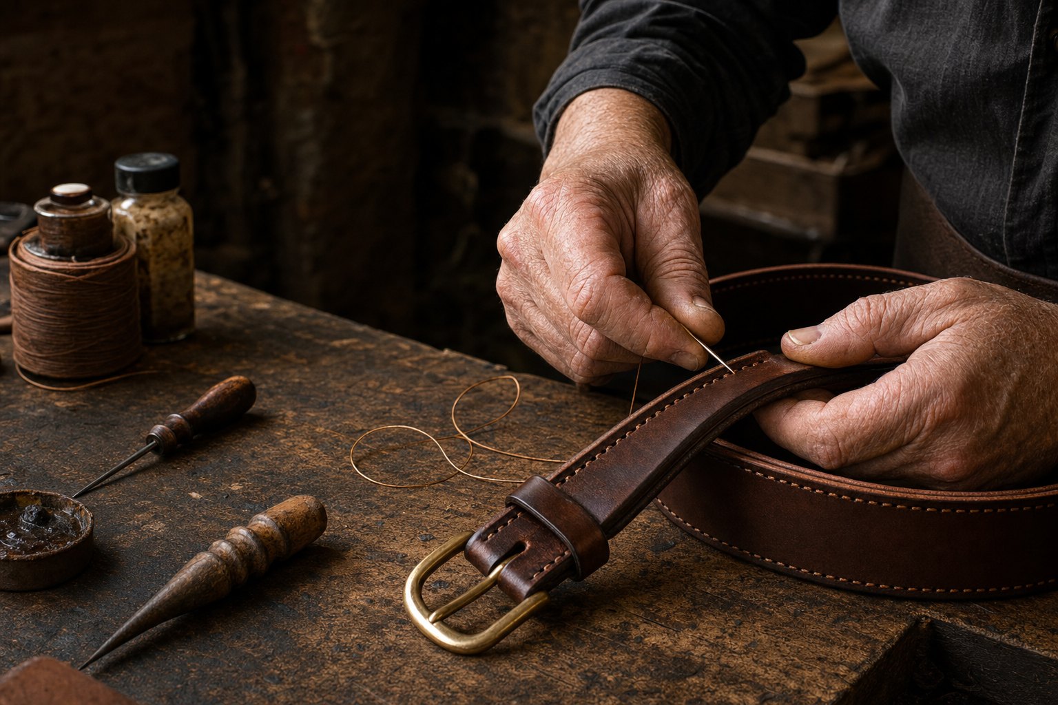 Leatherworker hand-stitching a brown belt at a workbench