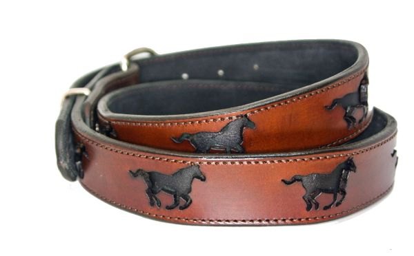 Belt full grain one piece English Bridle running horses cut out of the leather