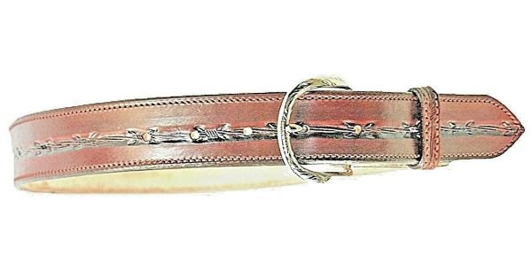 BELT LEATHER CUSTOM HANDMADE 1 1/2" 30 TO 50" WITH BARBWIRE DESIGN ON TWO COLORS