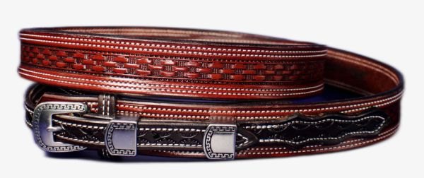 BELTS HAND CRAFTED RANGER 11/2"-13/4" AND 2" DOUBLED WHITE STITCHING AND BASKET WEAVED