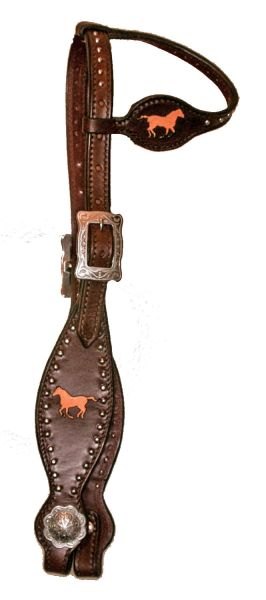 BROW BAND WESTERN HEADSTALL WITH FILIGREE RUNNING HORSE, SPOTS AND SILVER HARDWARE