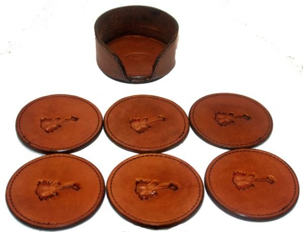 COASTERS LEATHER WITH FLAMING GUITAR AND FULLY SEWED 6 EACH