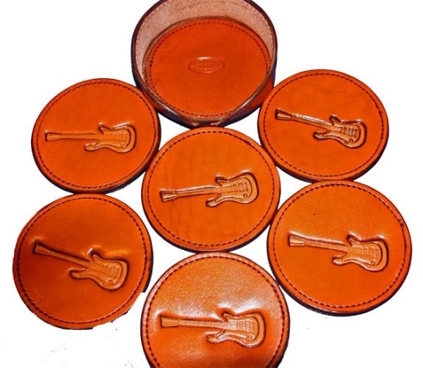COASTERS LEATHER WITH GUITAR AND FULLY SEWED 6 EACH