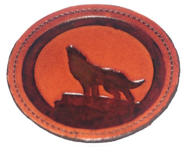 COASTERS LEATHER WITH WOLF ON A MOUNTIAN SEWED CASE 4 OR 6 COASTERS