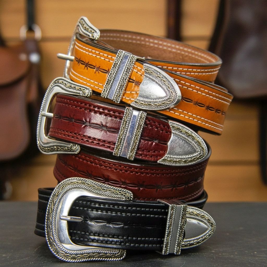 Custom Handcrafted Leather Belt with Barbed Wire Design and Silver Barbed Wire Buckle Set