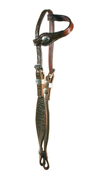 CUSTOM HANDMADE LEATHER ONE EAR SHOW HEADSTALL WITH SILVER SPOTS AND CONCHOS