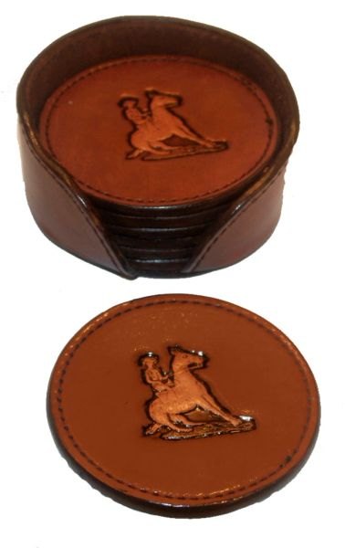 LEATHER COASTERS WITH REINING HORSE AND RIDER AND FULLY SEWED 4 OR 6 EACH