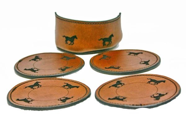 LEATHER COASTERS WITH RUNNING HORSE AND FULLY SEWED 4 OR 6 EACH