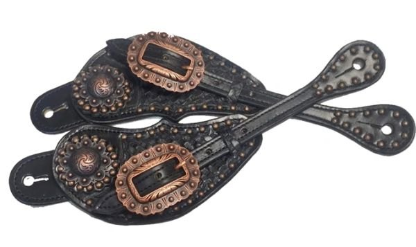 Spur Straps Western Leather Fully Latigo lined with spots Basket weved bucklesaved Black and Copper