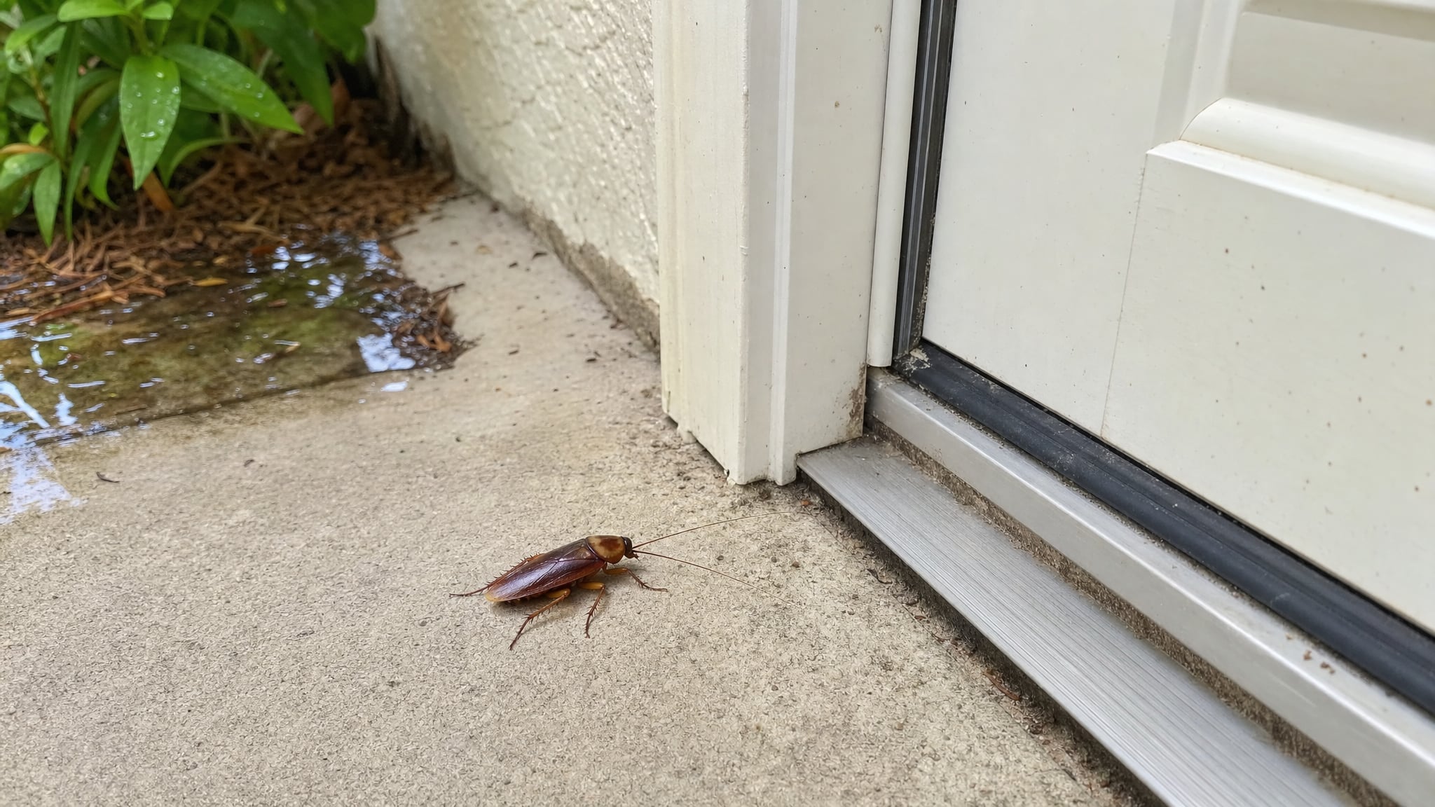 Large brown cockroach near an exterior door threshold