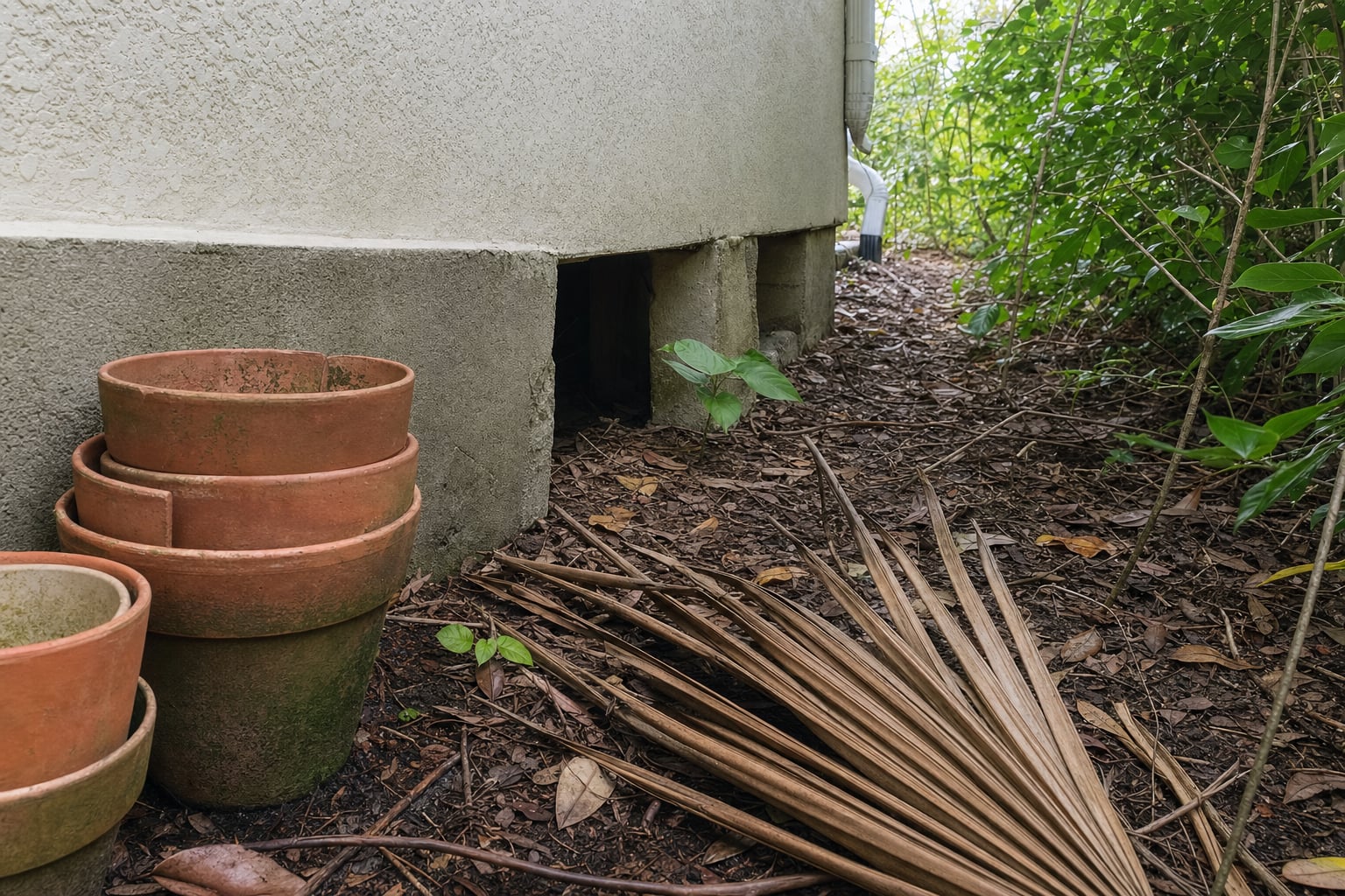 Leaf litter and stacked pots beside a Florida home foundation