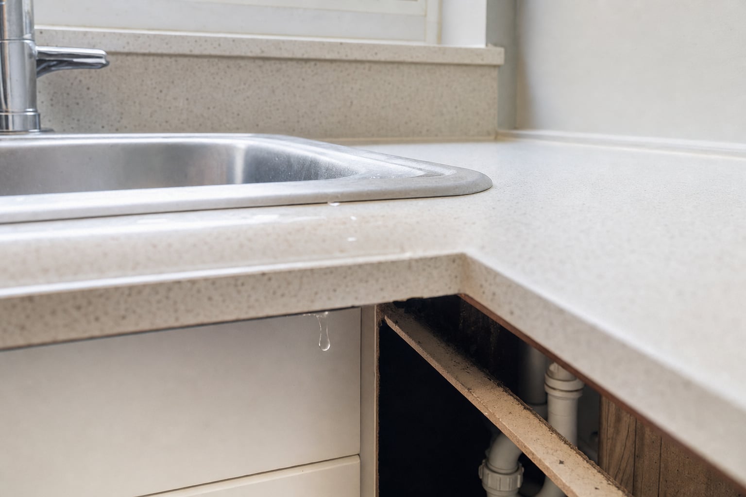 Kitchen sink with a small leak and open space around plumbing