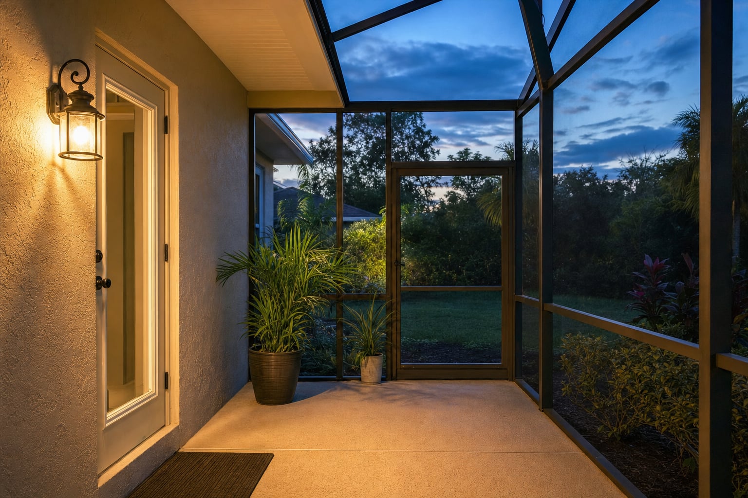 Screened patio and exterior light at dusk
