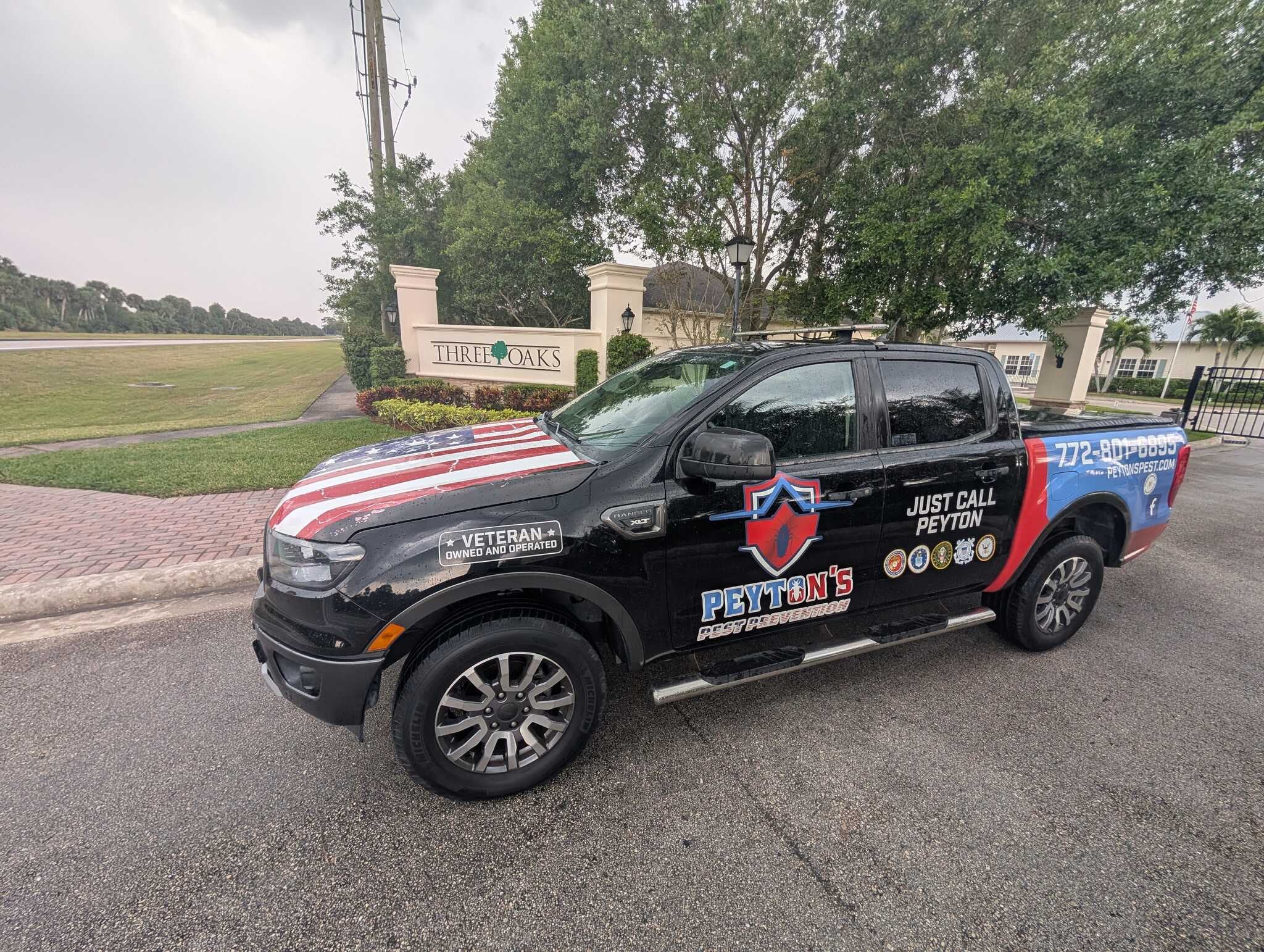 Peyton’s Pest Prevention truck outside a Florida neighborhood