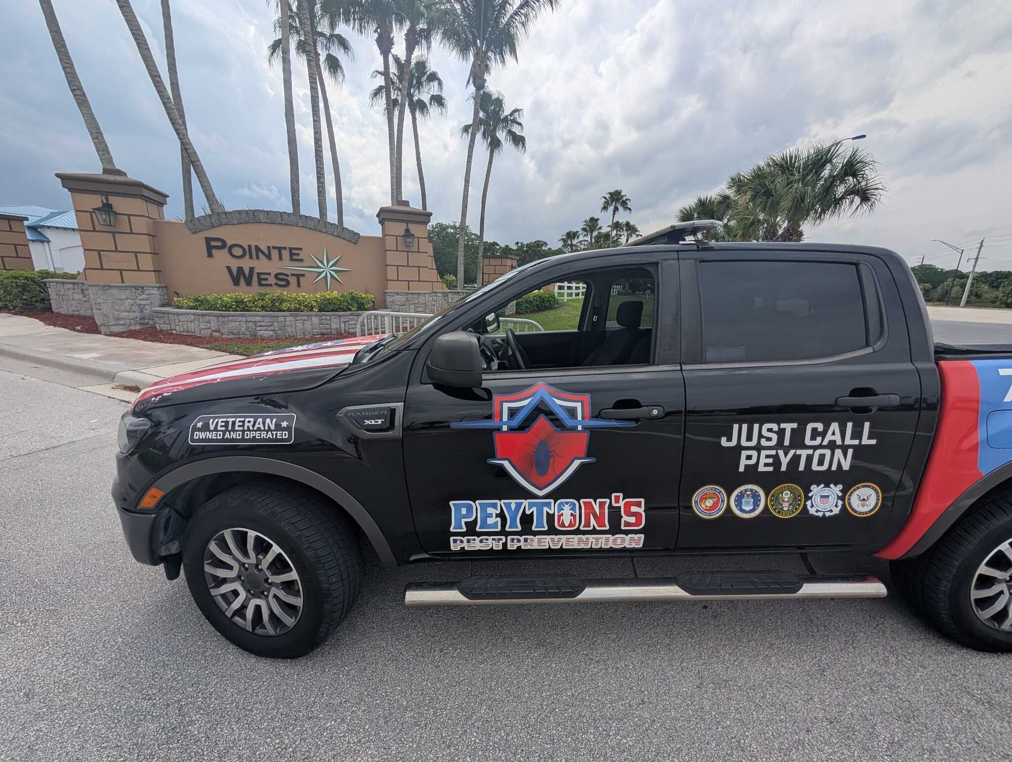 Peyton’s Pest Prevention truck serving a Florida residential community