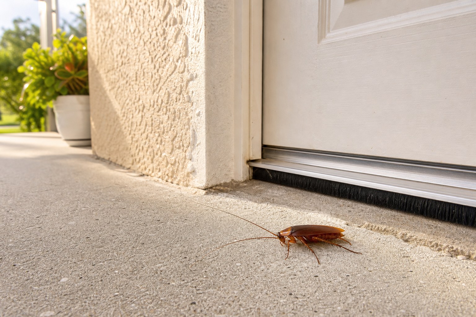 Large brown cockroach near a Florida exterior door threshold