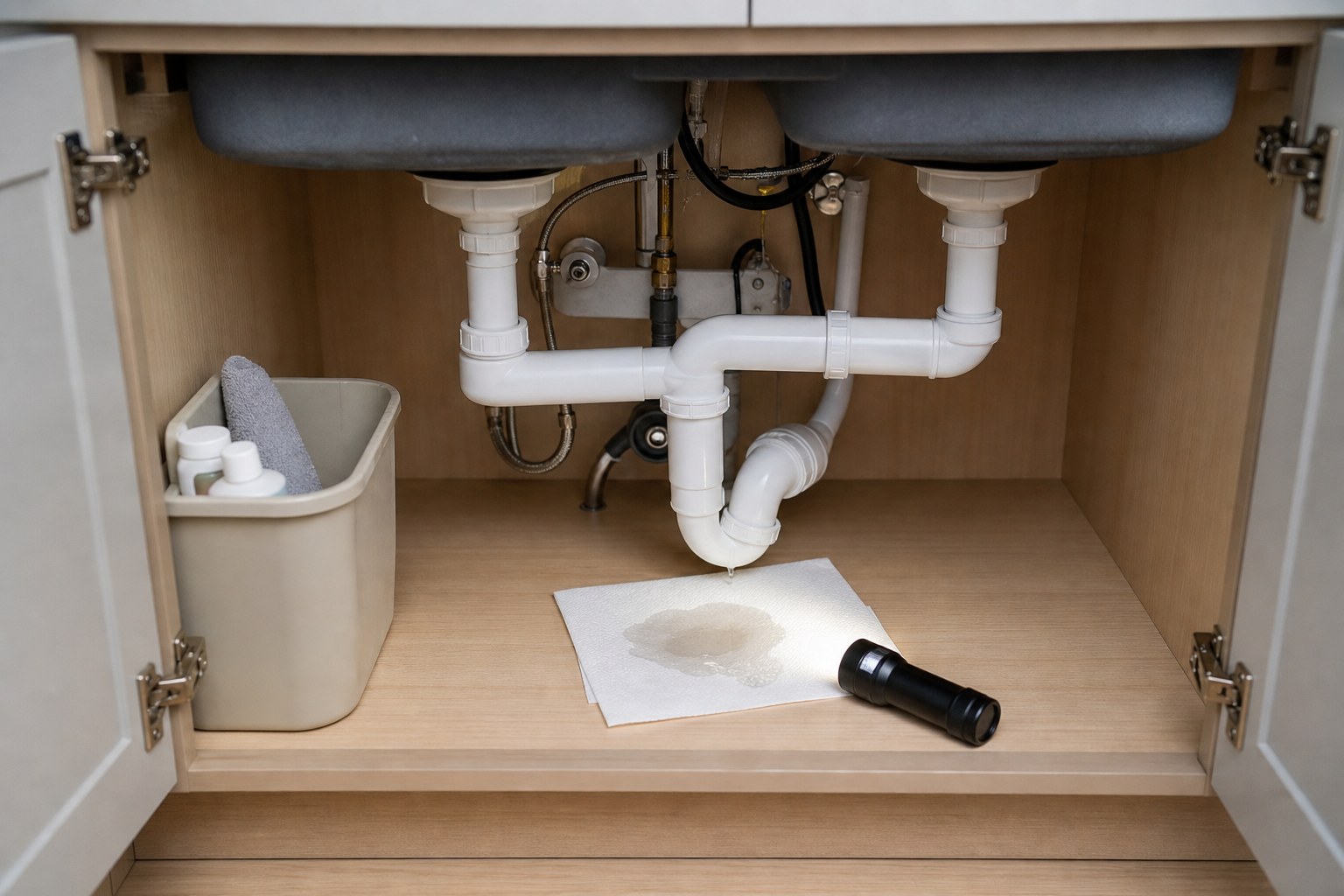 Small plumbing drip under a kitchen sink