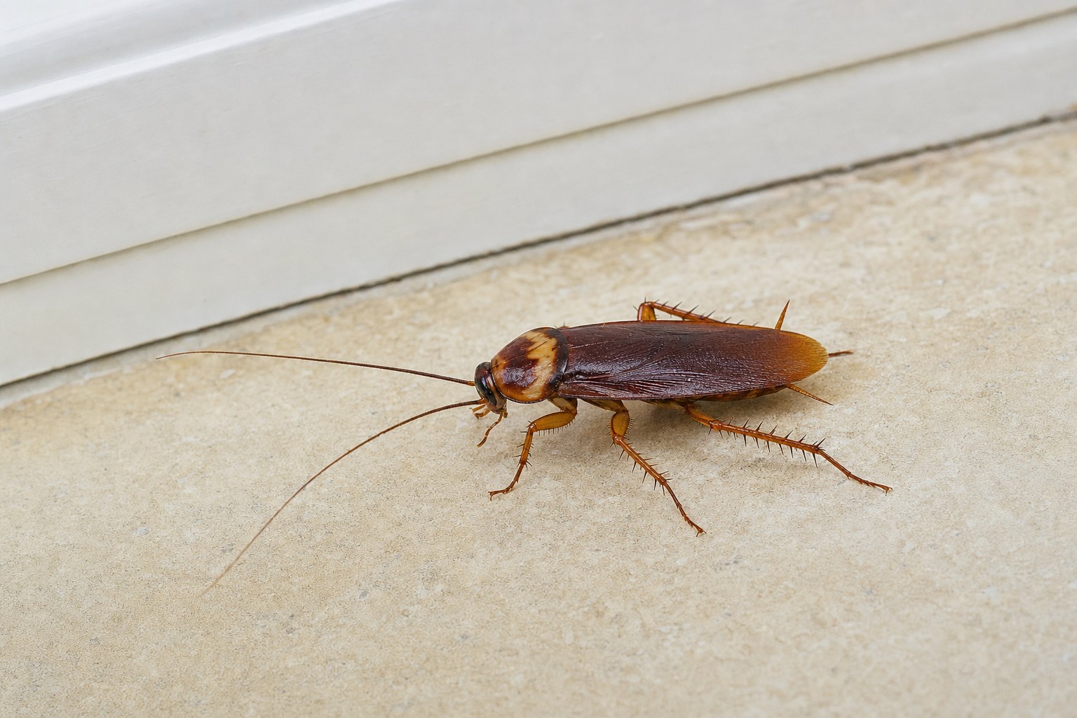 Cockroach near an indoor baseboard