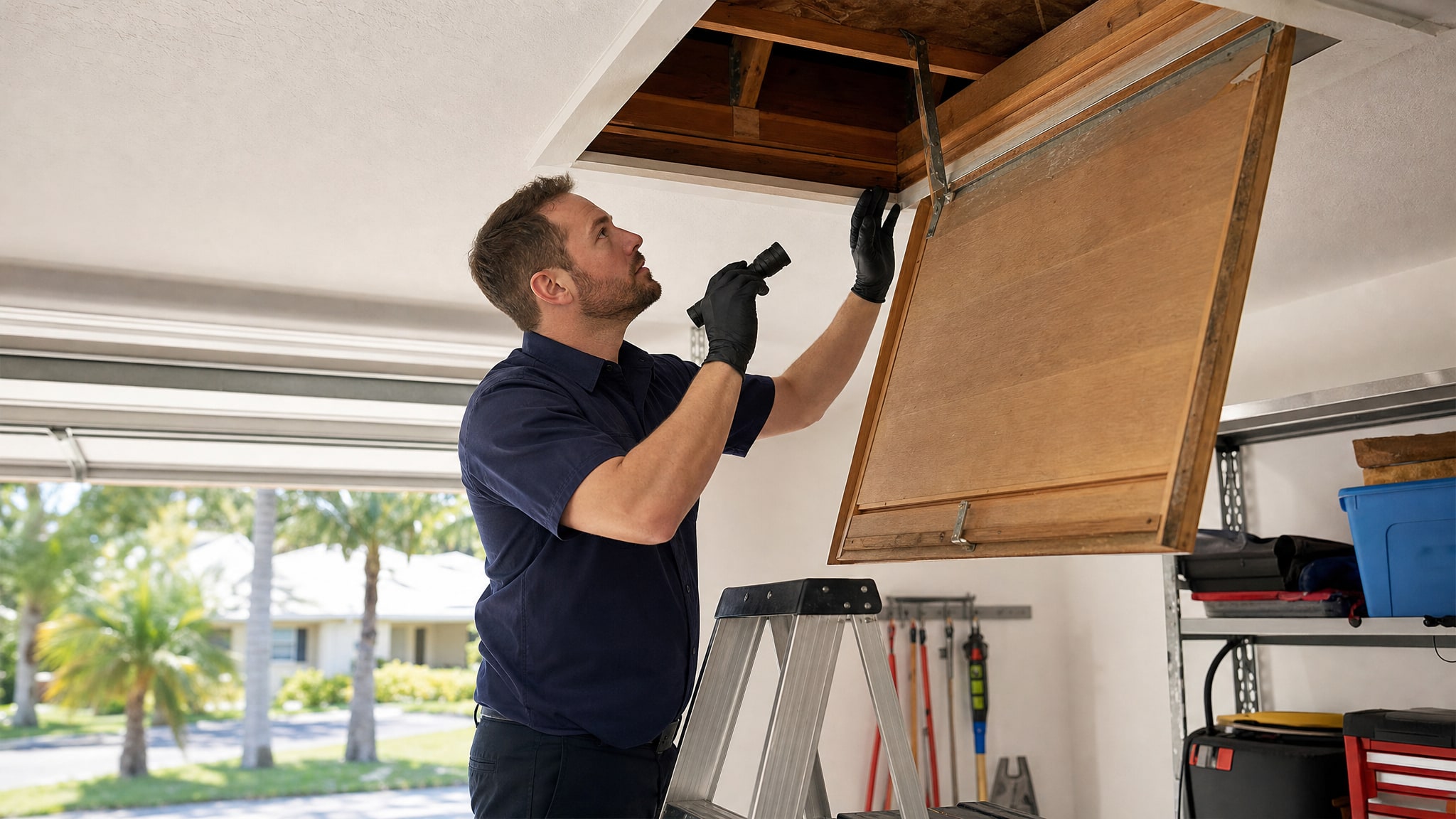 Pest control technician inspecting an attic access in a Florida garage