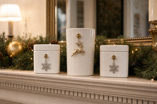 Three white ceramic containers styled with winter charms on a mantel