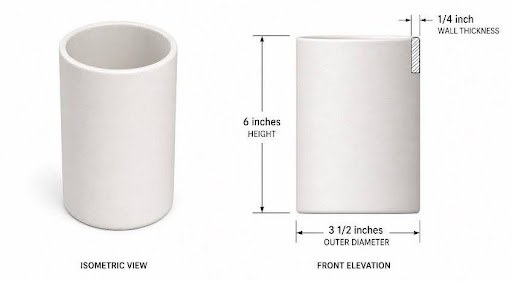 Round white ceramic container shown with six-inch height and three-and-a-half-inch outer diameter