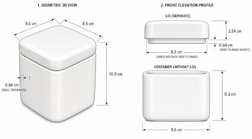 Square white ceramic container shown with its dimensions and separate lid