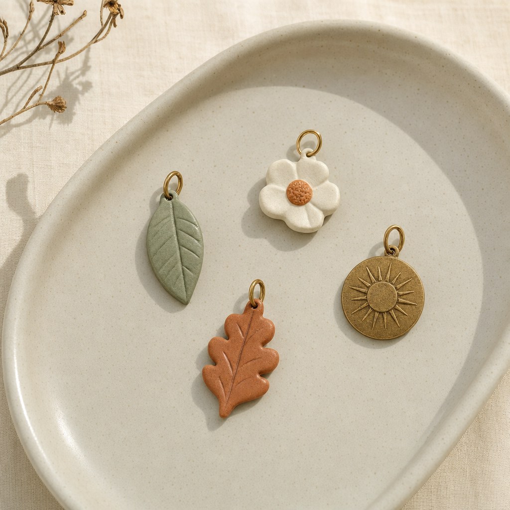 Seasonal charms arranged on warm ivory linen