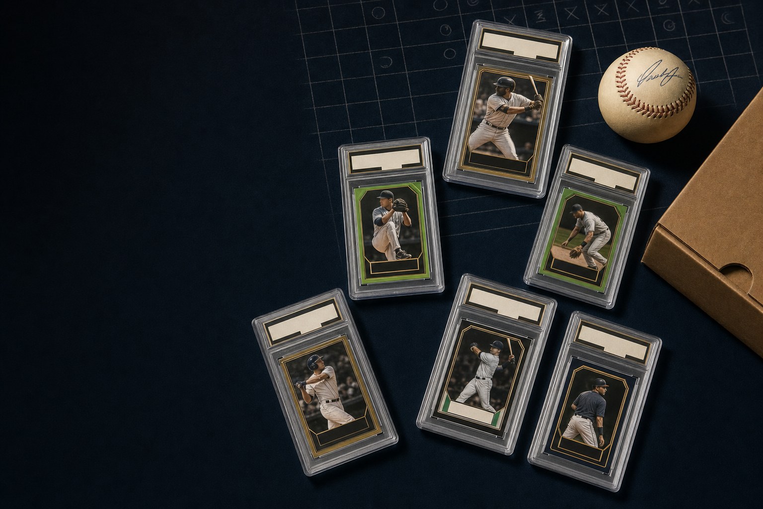 Sports cards in protective slabs alongside a baseball and shipping box