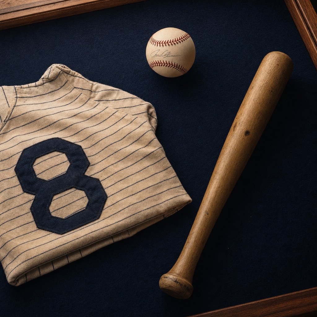 Baseball memorabilia with a vintage jersey and wooden bat