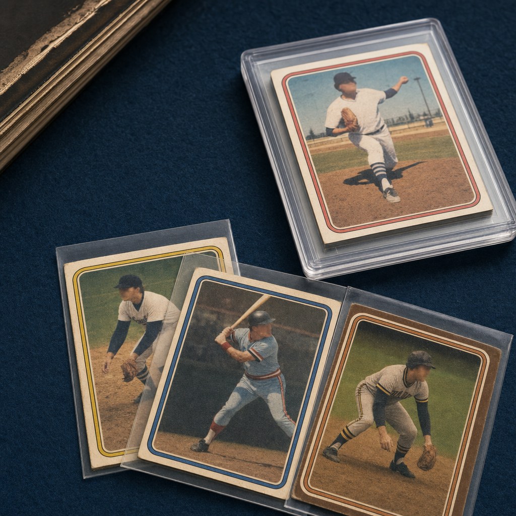 Vintage-style sports cards protected in clear sleeves