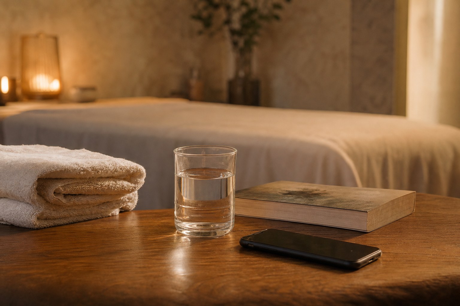 A glass of water and a book set out for a quiet wind-down after massage.