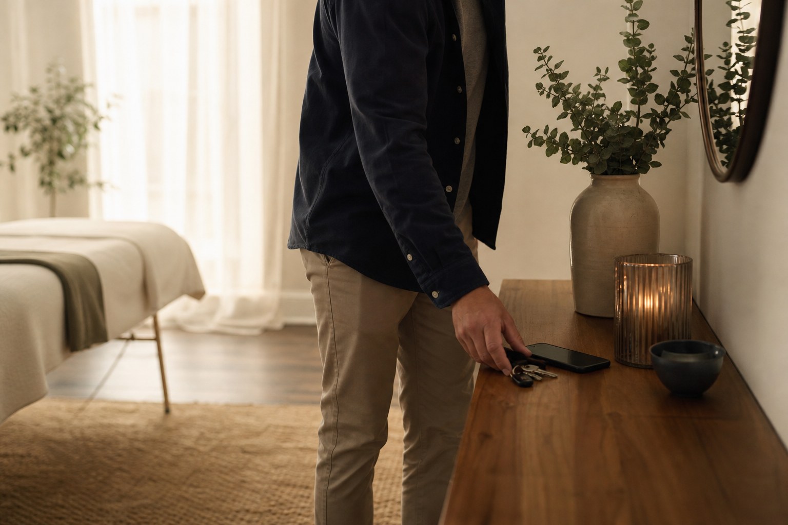 An adult man setting down his phone and keys in a quiet massage studio.