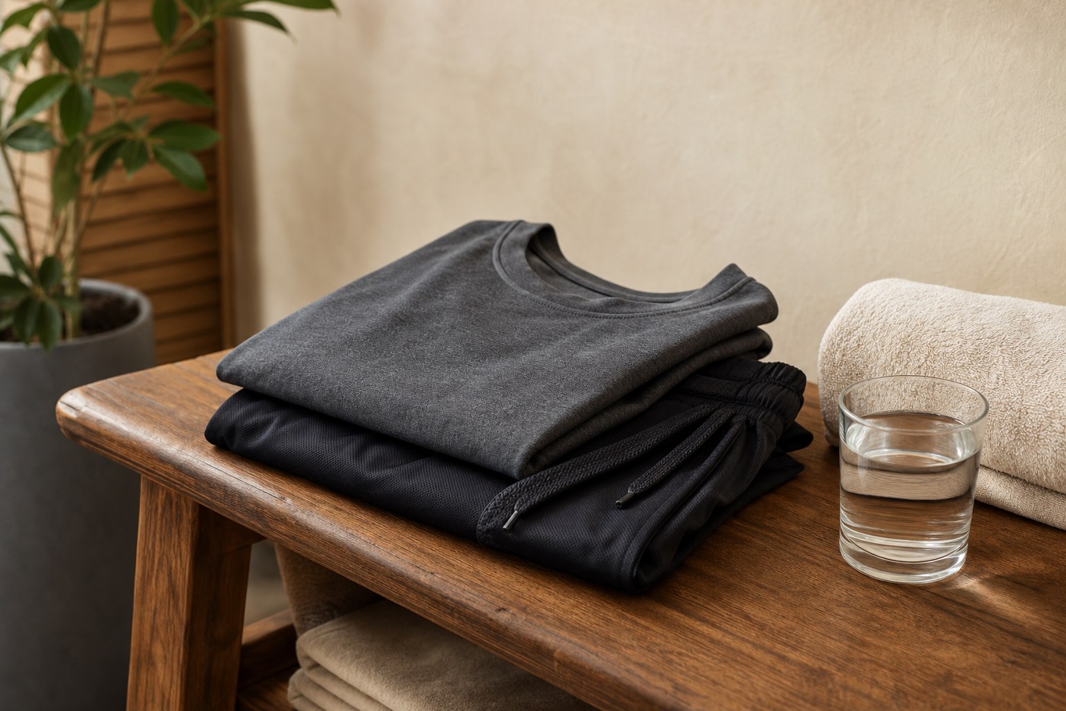 Comfortable clothes folded beside a glass of water in a private studio.