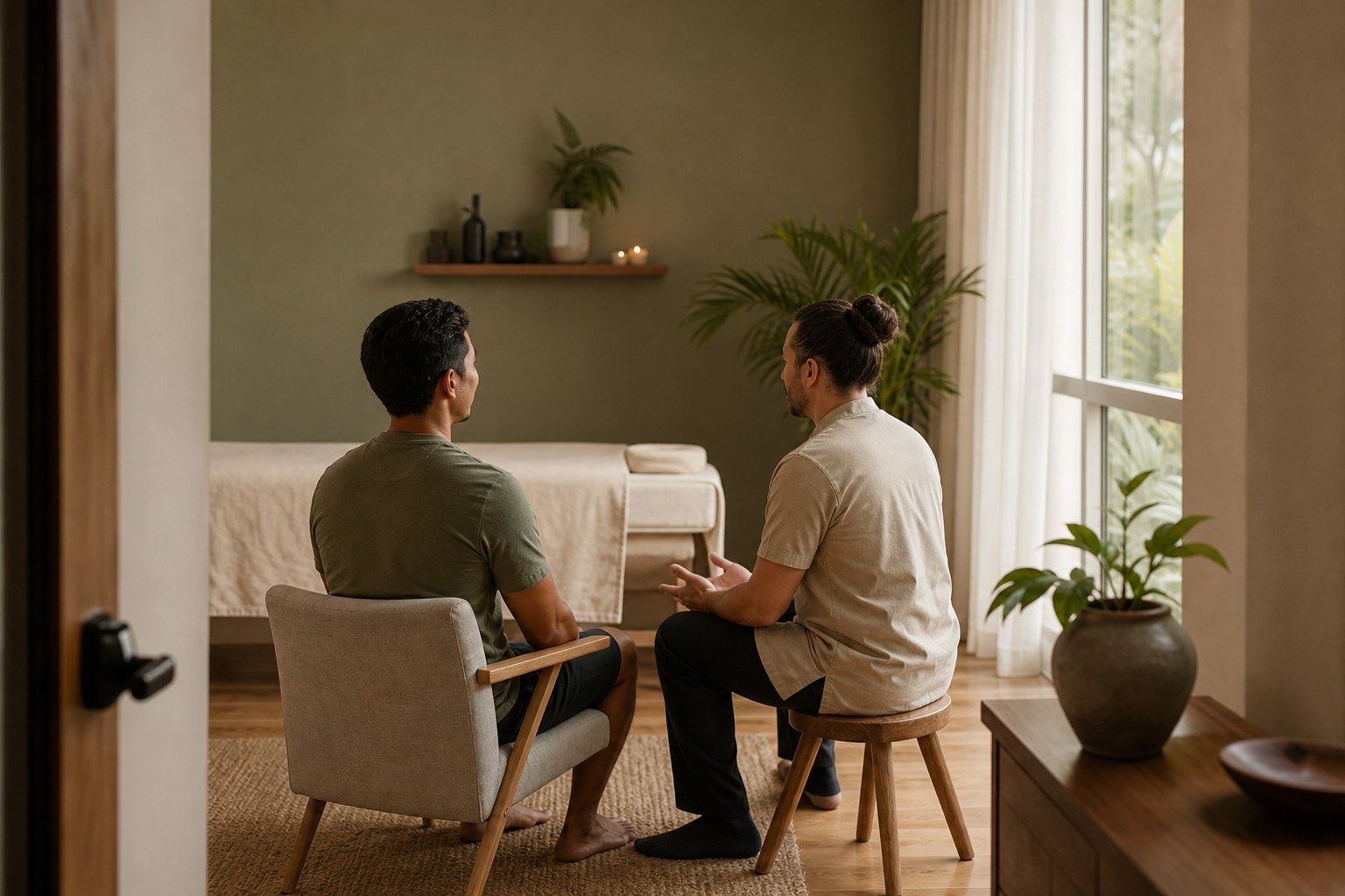 Two adult men having a calm pre-session conversation in a private massage studio.