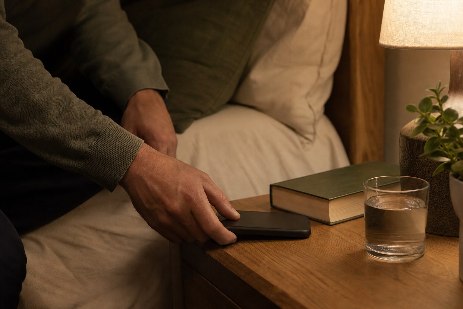 A quiet evening routine with a book, water, and phone set aside.