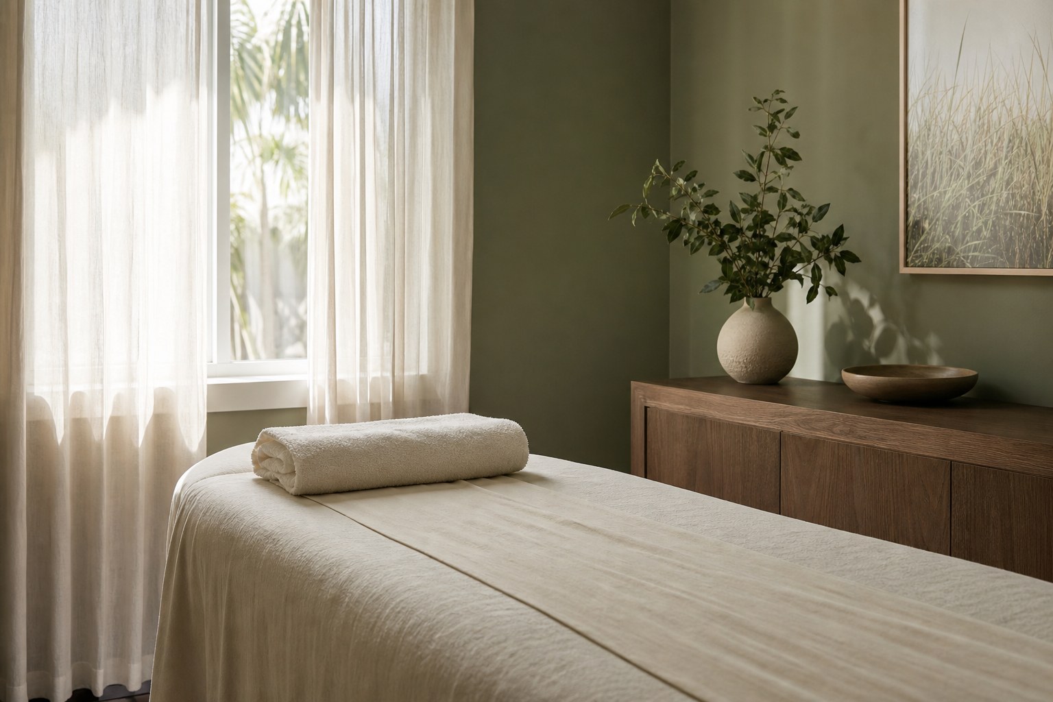 A calm private massage room prepared with warm linens.
