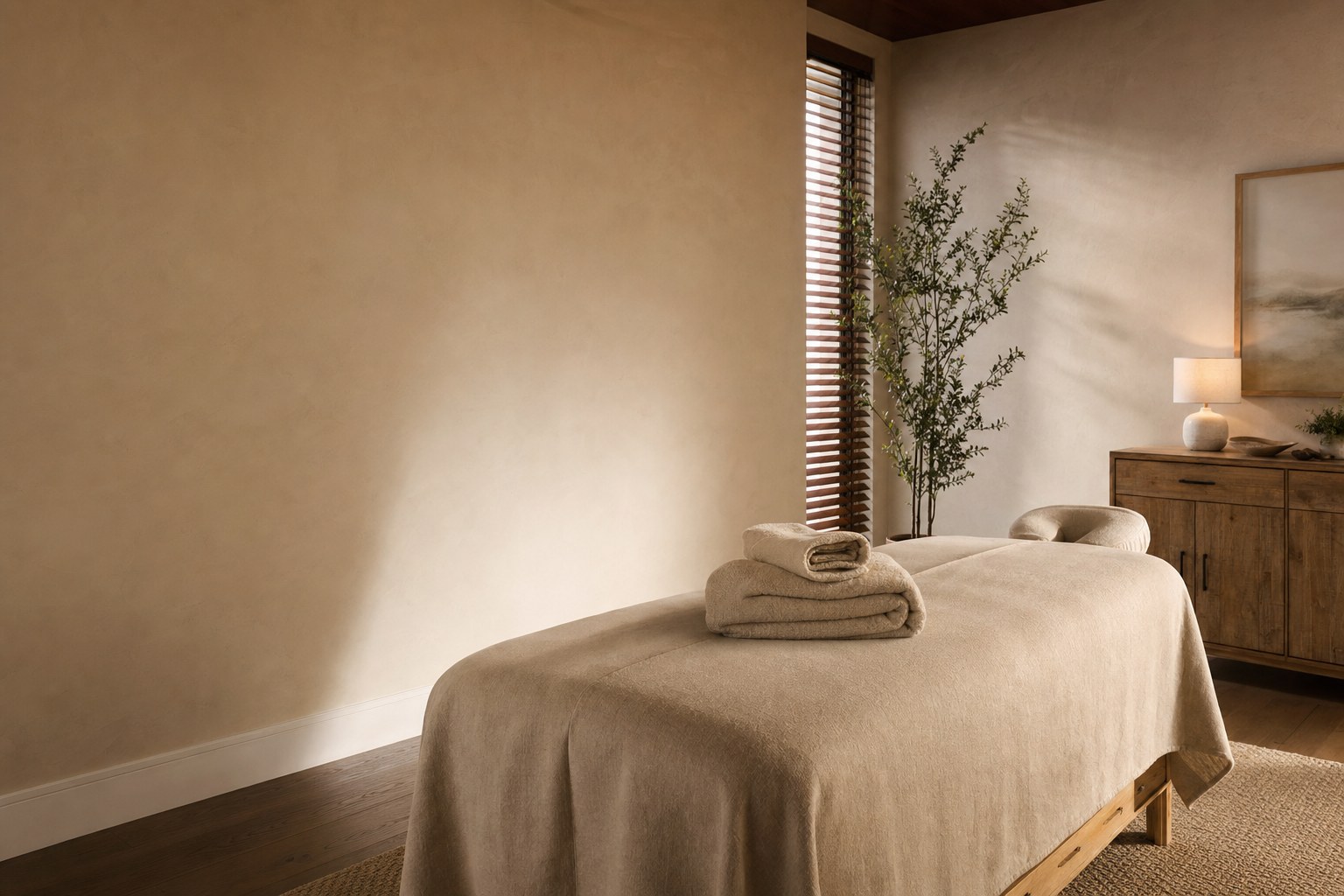 Prepared private massage room with a linen-covered treatment table