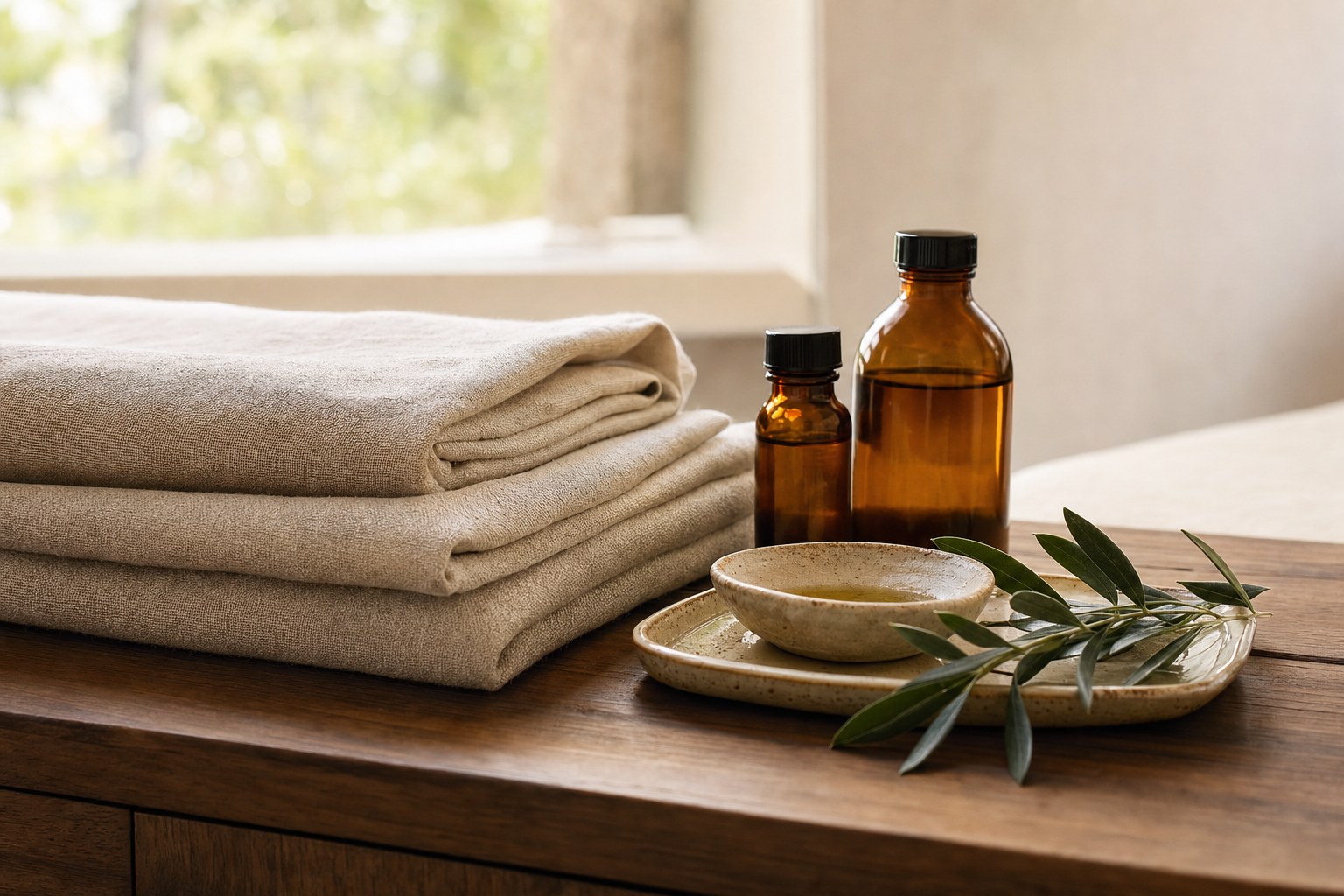 Folded towels, amber oil bottles, and olive leaves on a wood tray