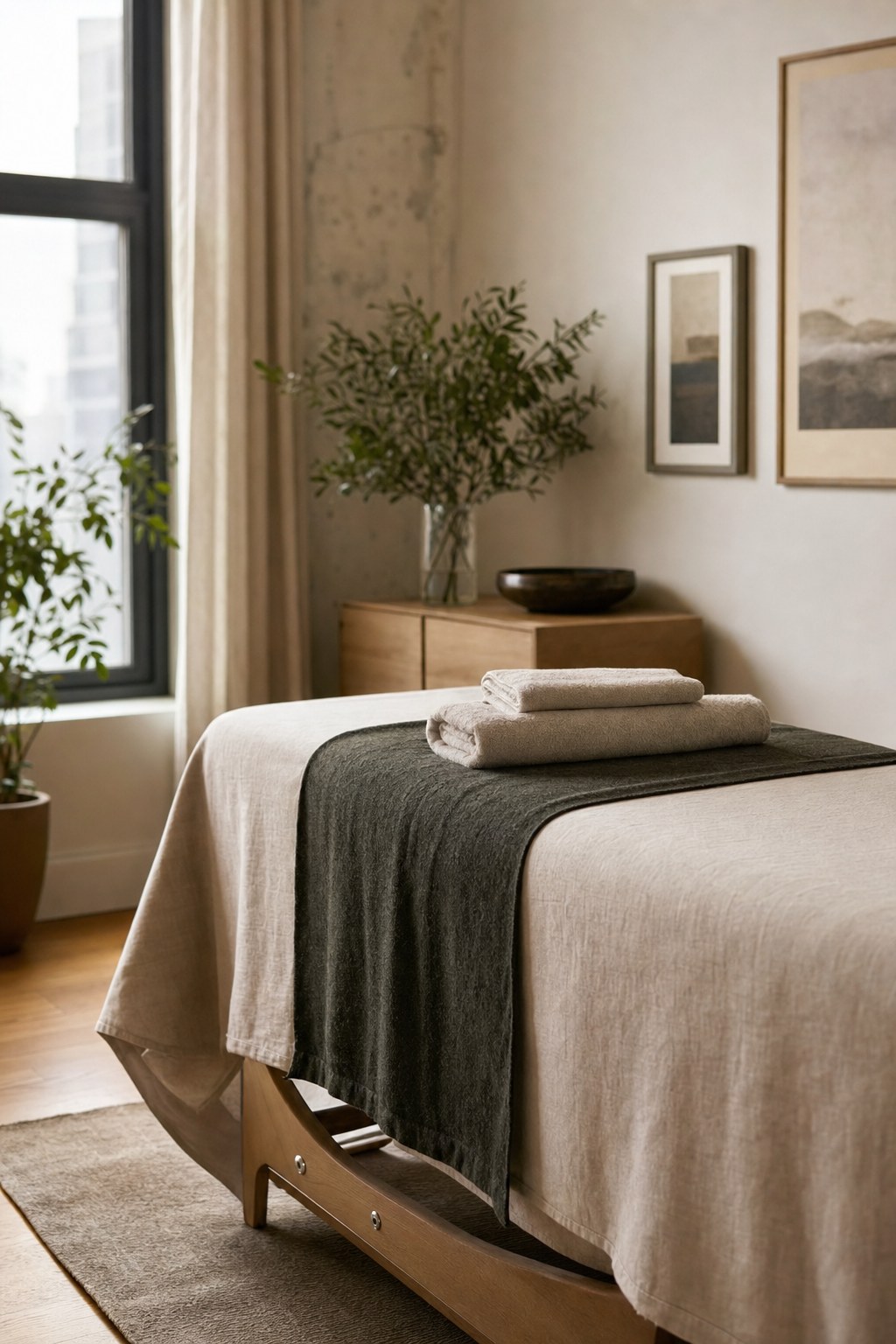 Prepared massage table in a quiet private studio